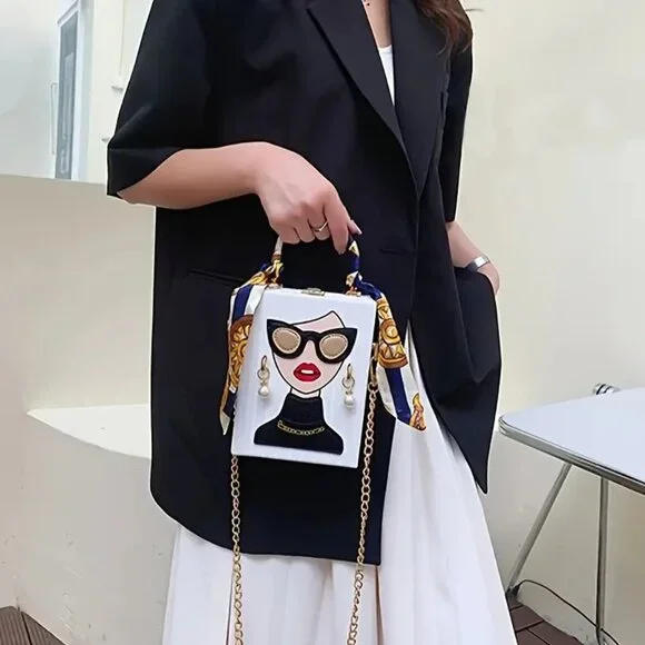 Fashion Lady Face Trendy Box Handbag for Women w/Pearl Earrings, Scarf Handle - Picture 4 of 16